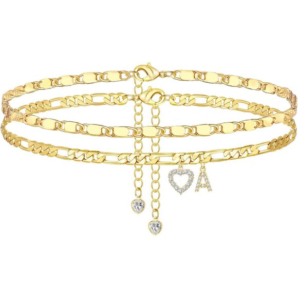 Summer Essential: Dainty 14K Gold Ankle Bracelets with Heart & Initial Charm - Picture 8 of 8